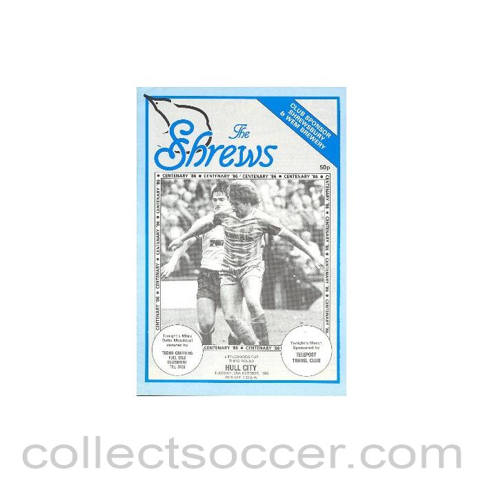 1986 - Shrewsbury Town v Hull City official programme 28/10/1986