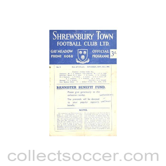 1956 - Shrewsbury Town v Watford official programme 22/09/1956