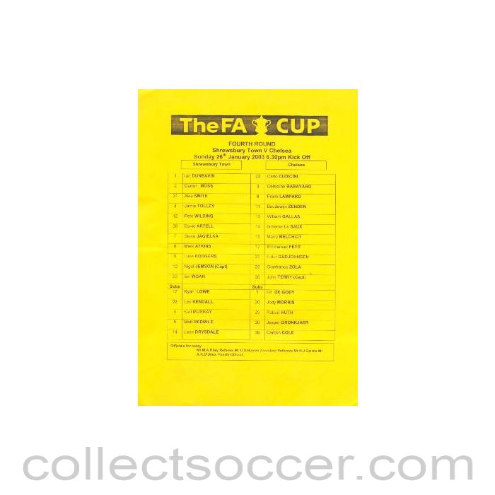 2003 - Shrewsbury Town v Chelsea official teamsheet 26/01/2003 FA Cup