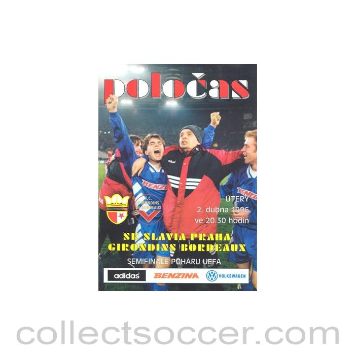 1996 Slavia Prague v Girondins Bordeaux official programme 02/04/1996 UEFA Cup Semi-Final