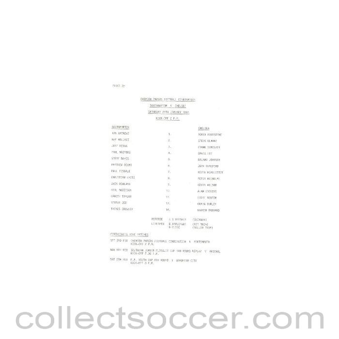 1991 - Southampton v Chelsea official teamsheet 26/01/1991