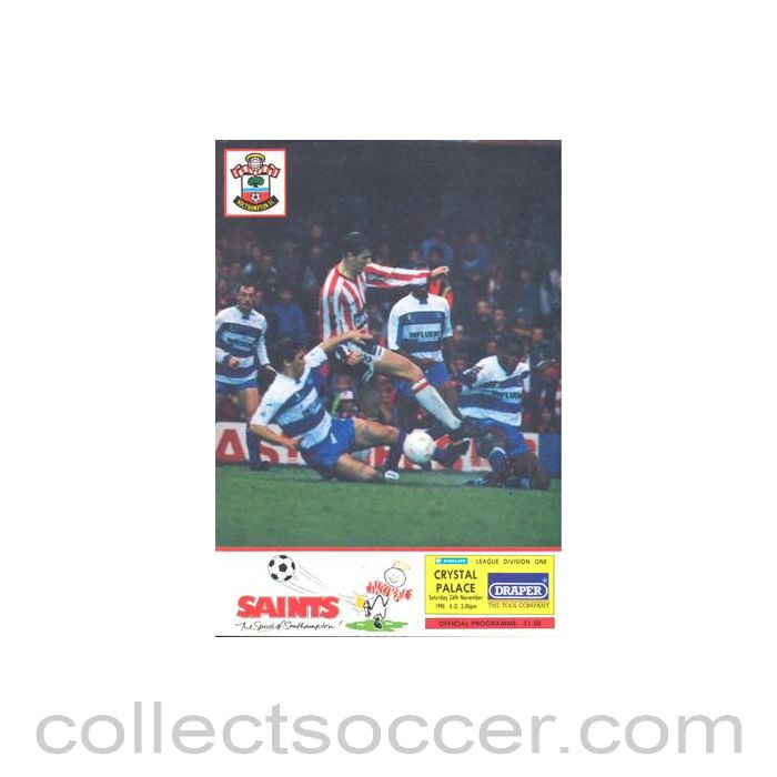 1990 - Southampton v Crystal Palace official programme 24/11/1990 Football League, multi-signed on the back