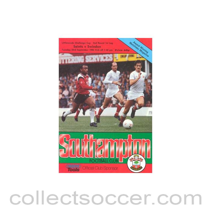 1986 - Southampton v Swindon Town official programme 23/09/1986 Littlewoods Cup