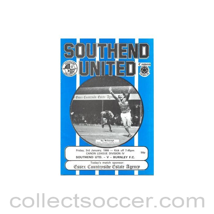 1986 - Southend United v Burnley official programme 03/01/1986 Canon League