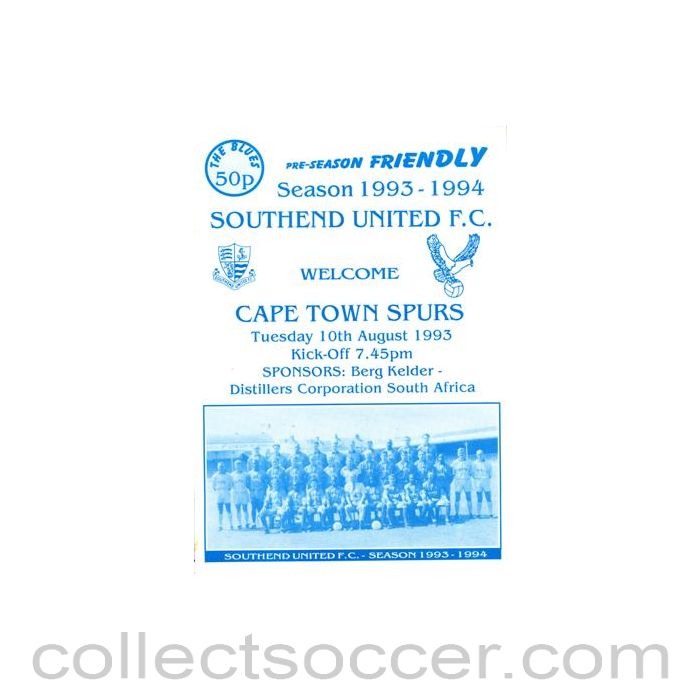 1993 - Southend United v Cape Town Spurs official programme 10/08/1993 Pre-Season Friendly