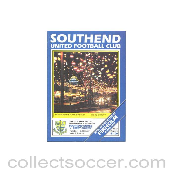 1988 - Southend United v Derby County official programme 11/10/1988 Littlewoods Cup