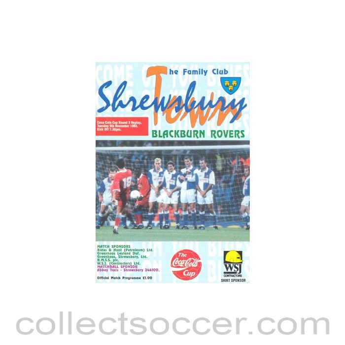 1993 - Shrewsbury Town v Blackburn Rovers official programme 09/11/1993 Coca Cola Cup 3rd Round Replay