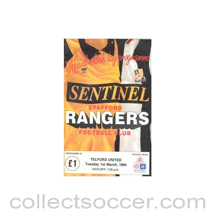 1994 - Stafford Rangers v Telford United official programme 01/03/1994