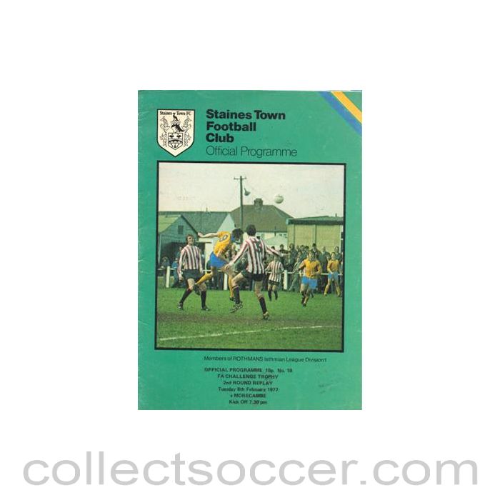 1977 - Staines Town v Morecambe official programme 08/02/1977 F.A. Challenge Trophy