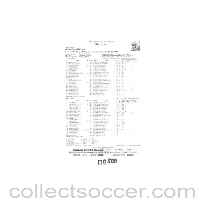 2010 World Cup official black and white Start List Argentina v Mexico 27/06/2010