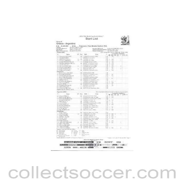 2010 World Cup official black and white Start List Greece v Argentina 22/06/2010
