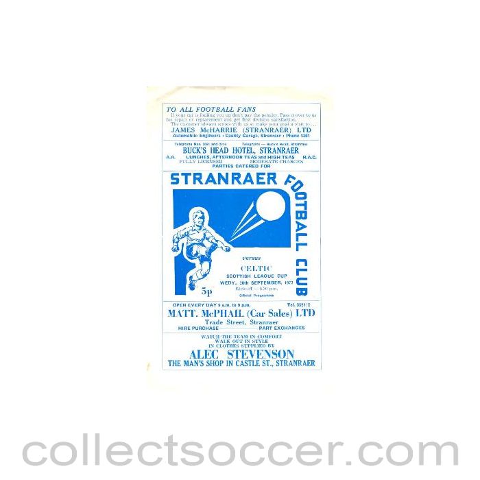 1972 - Stranraer v Celtic official programme 20/09/1972 Scottish League Cup