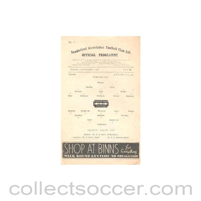 1946 - Sunderland v Preston North End official programme 30/11/1946