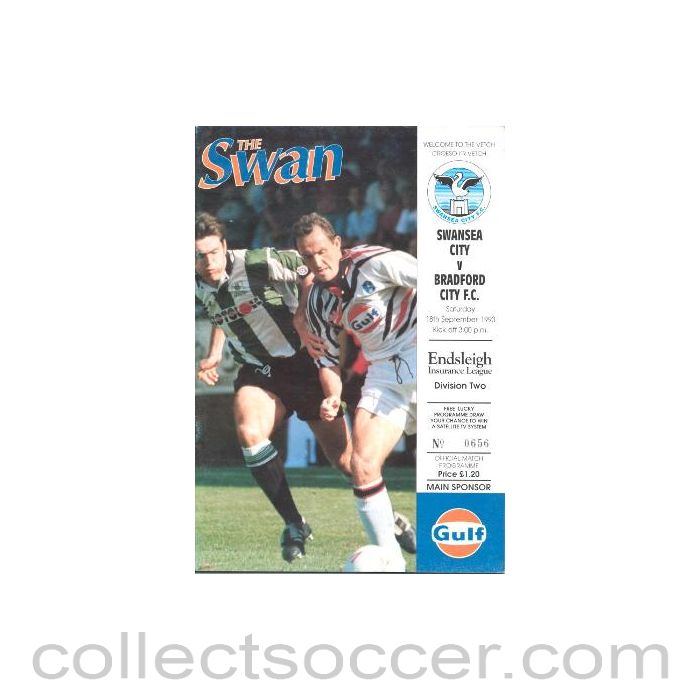 1993 - Swansea City v Bradford official programme 18/09/1993 League