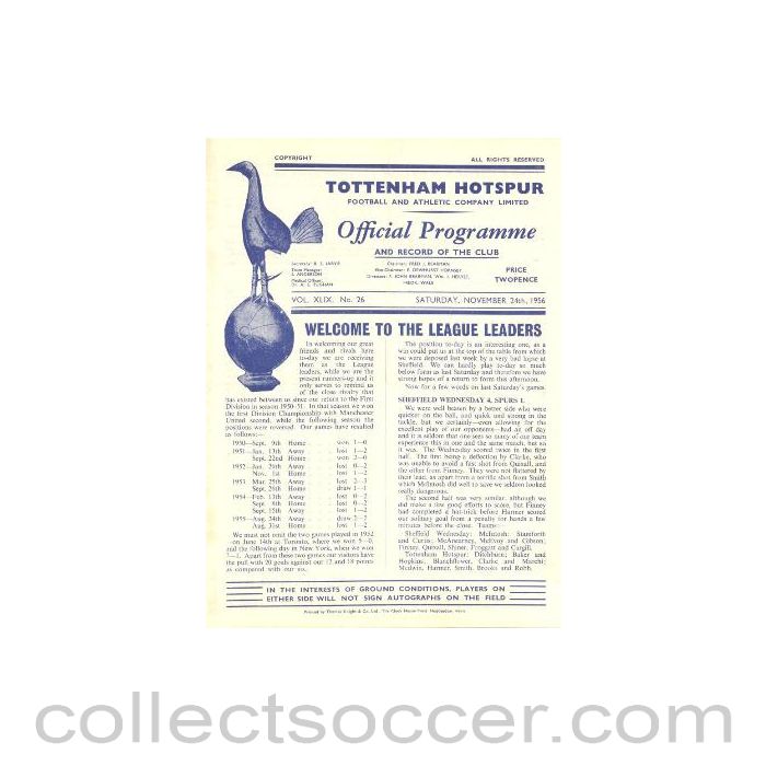 1956 - Tottenham Hotspur v Manchester United official programme 24/11/1956