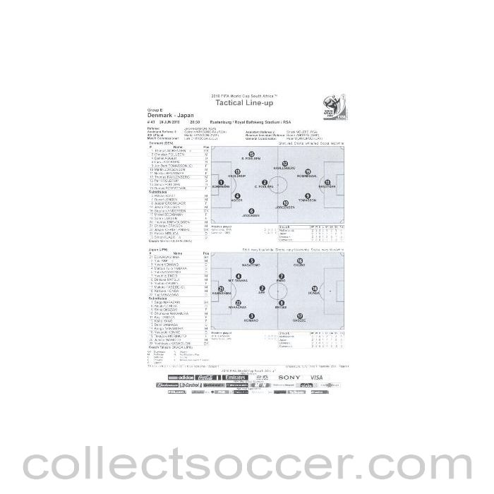 2010 World Cup official black and white Tactical Line-Up Denmark v Japan 24/06/2010