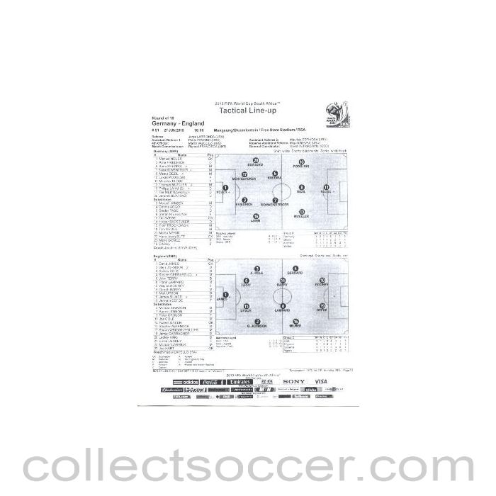 2010 World Cup official black and white Tactical Line-Up Germany v England 27/06/2010