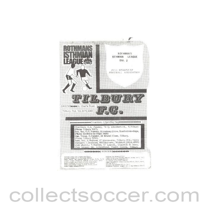 1975 - Tilbury v Finchley official programme 18/11/1975