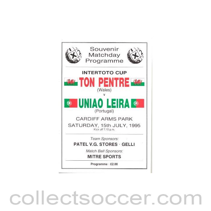 1995 - Ton Pentre, Wales v Uniao Leira, Portugal official programme 15/07/1995 Intertoto Cup
