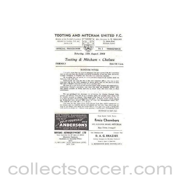 1964 - Tooting & Mitcham vChelsea official programme 15/08/1964