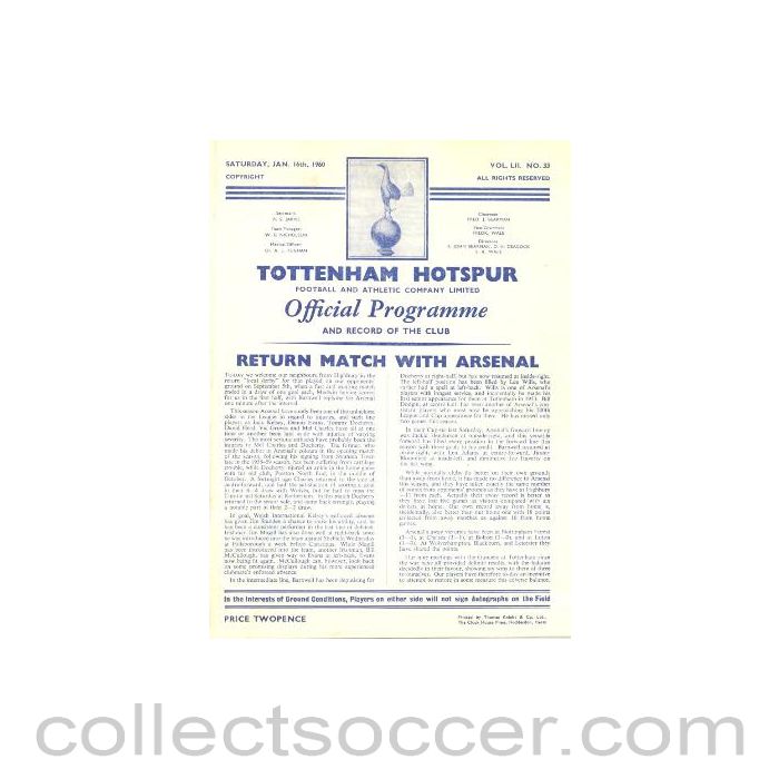 1960 - Tottenham Hotspur v Arsenal official programme 16/01/1960