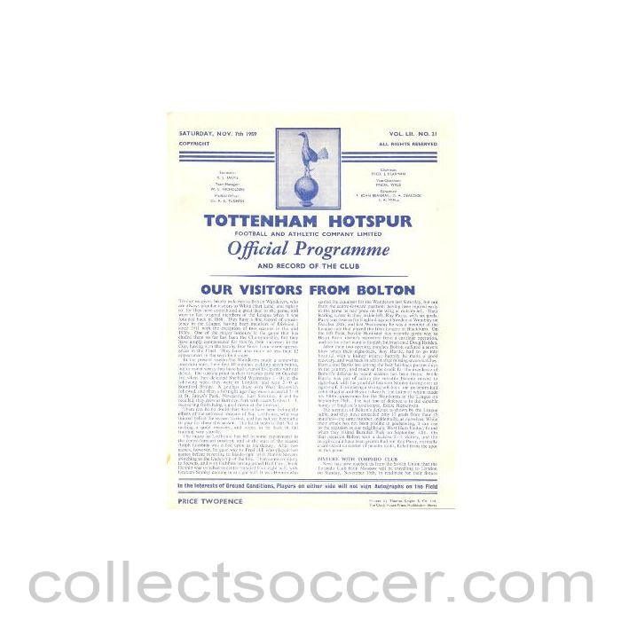 1959 - Tottenham Hotspur v Bolton Wanderers official programme 07/11/1959 Football League