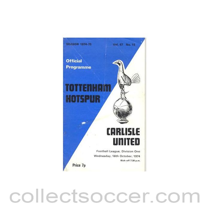 1974 - Tottenham Hotspur v Carlisle United official programme 16/10/1974 Football League