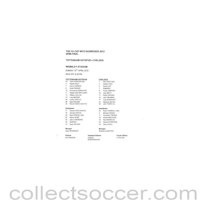 2012 FA Cup Semi-Final Tottenham Hotspur v Chelsea official teamsheet 15/04/2012