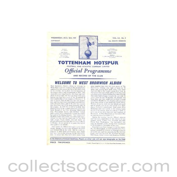 1959 - Tottenham Hotspur v West Bromwich Albion official programme 26/08/1959
