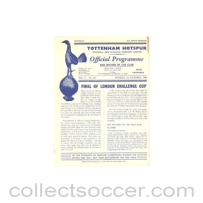 1958 - Tottenham Hotspur v West Ham United official programme 01/12/1958 London Challenge Cup Final