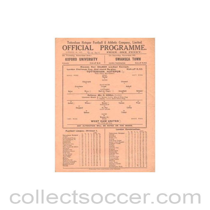 1933 - Tottenham Hotspur v West Ham United official programme 30/10/1933