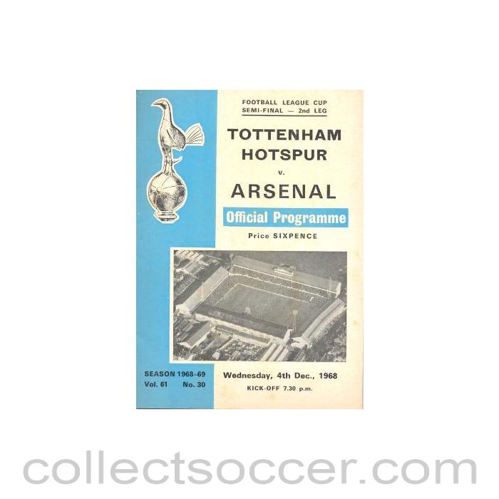 1968 League Cup Semi-Final 2nd Leg Tottenham Hotspur v Arsenal official programme 04/12/1968