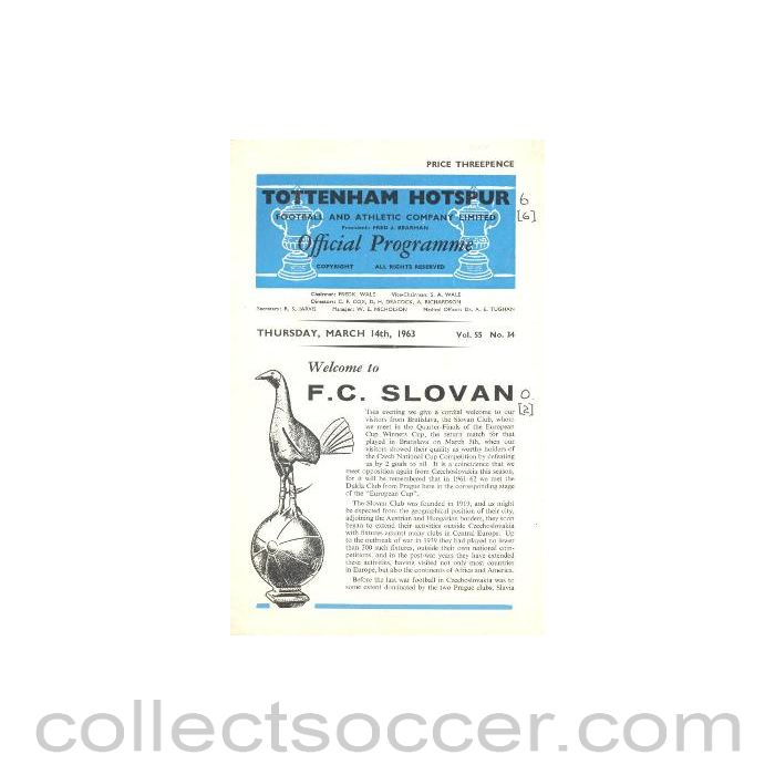 1963 - Tottenham Hotspur v Slovan, Bratislava, Slovakia official programme 14/03/1963
