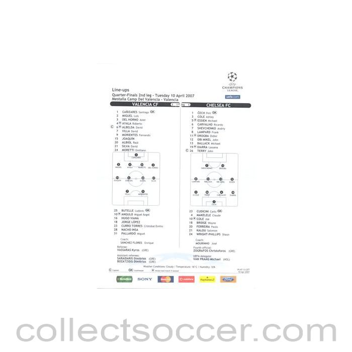 2007 - Valencia v Chelsea line-ups 10/04/2007 Champions League