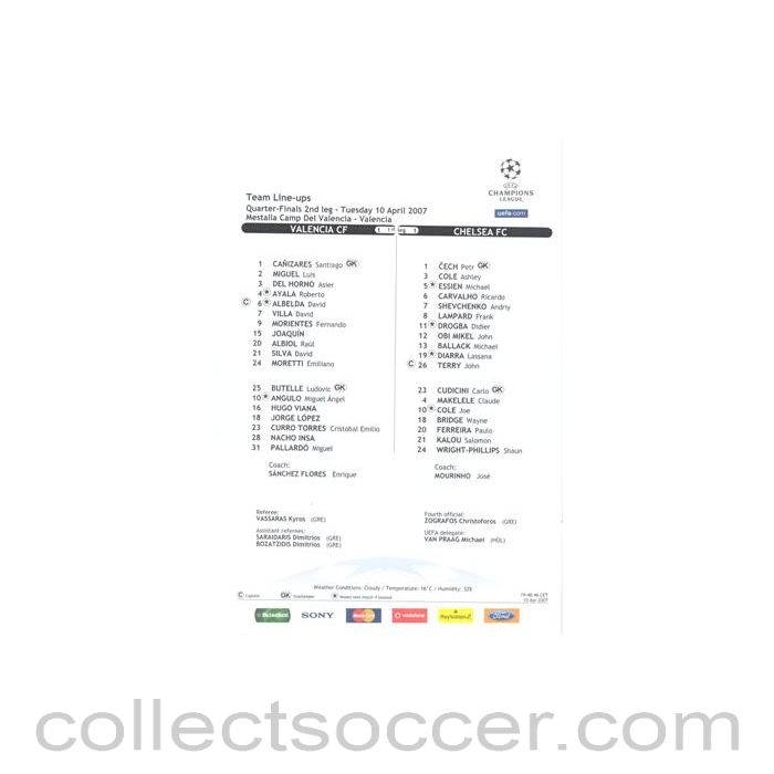 2007 - Valencia v Chelsea official teamsheet 10/04/2007 Champions League
