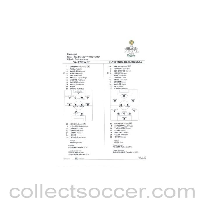 2004 UEFA Cup Final Valencia v Olympique de Marseille Line-Ups 19/05/2004