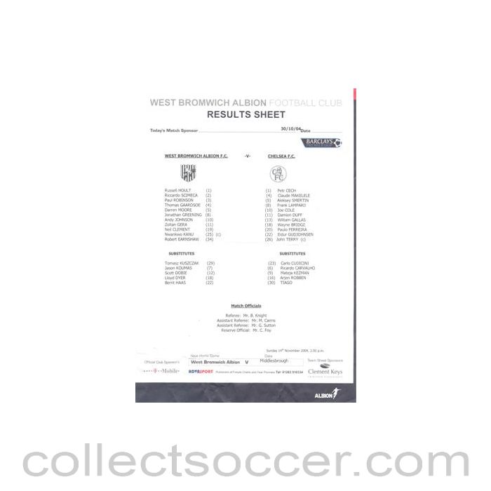 2004 - West Bromwich Albion v Chelsea menu 30/10/2004 Premier League