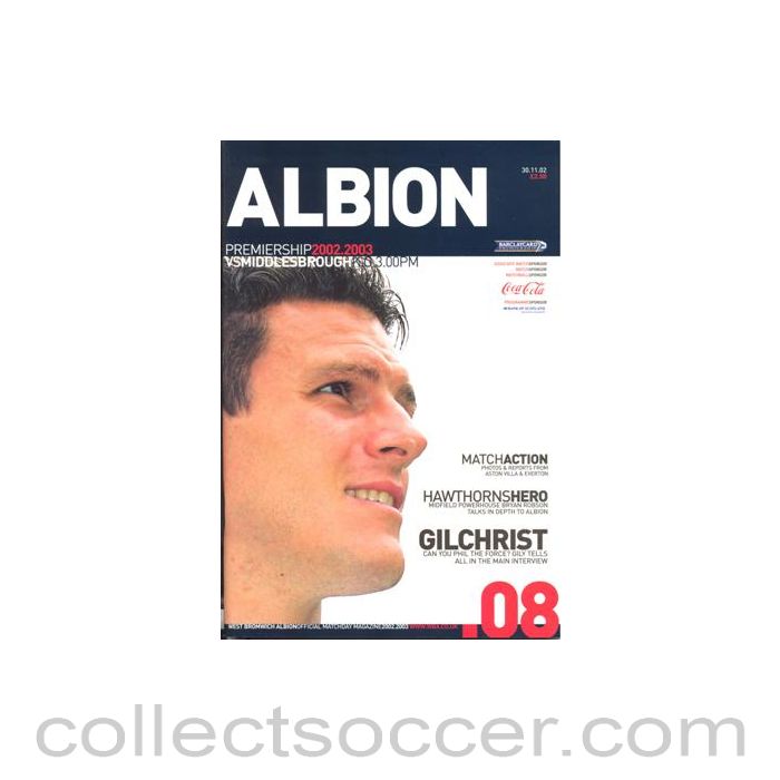 2002 - West Bromwich Albion v Middlesbrough official programme 30/11/2002 Premier League