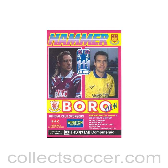 1992 - West Ham United v Farnborough Town official programme 04/01/1992