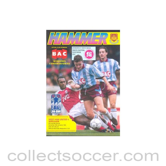 1992 - West Ham United v Wrexham official programme 25/01/1992