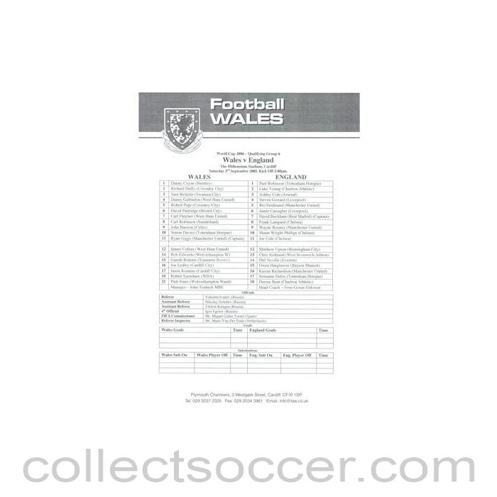 2005 - Wales v England official teamsheet 03/09/2005 World Cup 2006 Qualifier