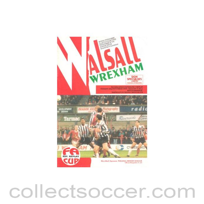 1993 - Walsall v Wrexham official programme 23/11/1993 F.A. Cup