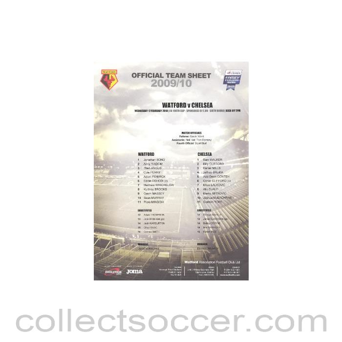 2010 - Watford v Chelsea official colour teamsheet 17/02/2010 FA Youth Cup