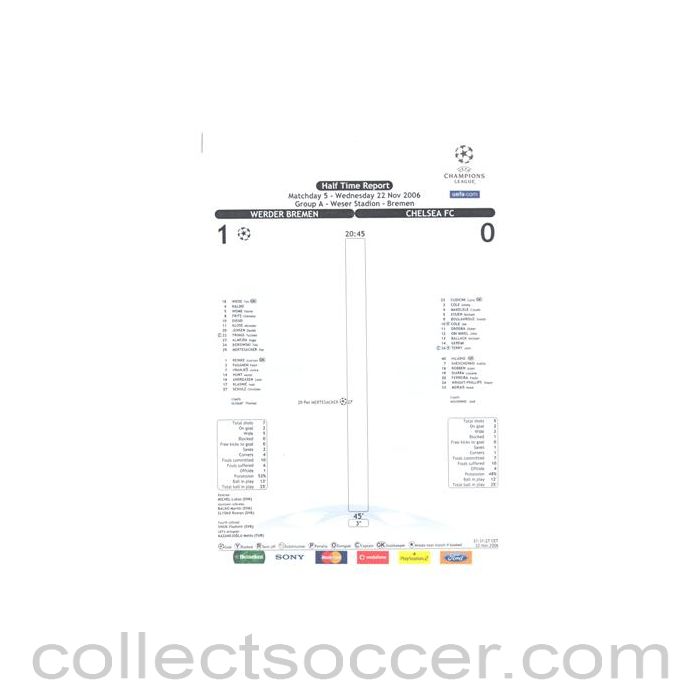 2006 - Werder Bremen v Chelsea Half Time Report & Half Time Summary 22/11/2006 Champions League