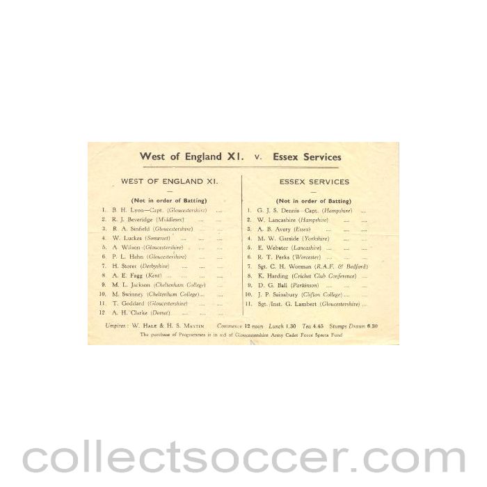 West of England XI v Essex Services cricket teamsheet