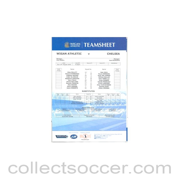 2005 - Wigan Athletic v Chelsea Teamsheet 14/08/2005