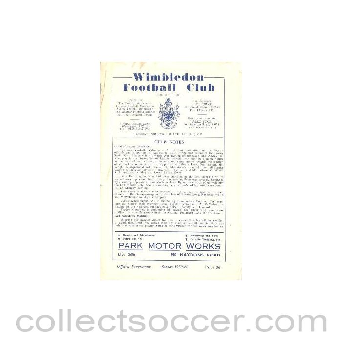 1959 - Wimbledon v Addlestone official programme 12/12/1959