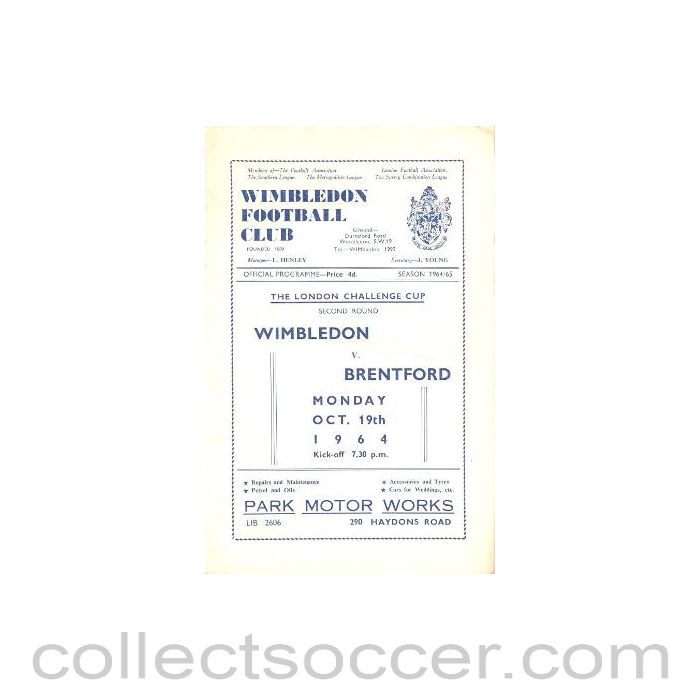 1964 - Wimbledon v Brentford official programme 19/10/1964