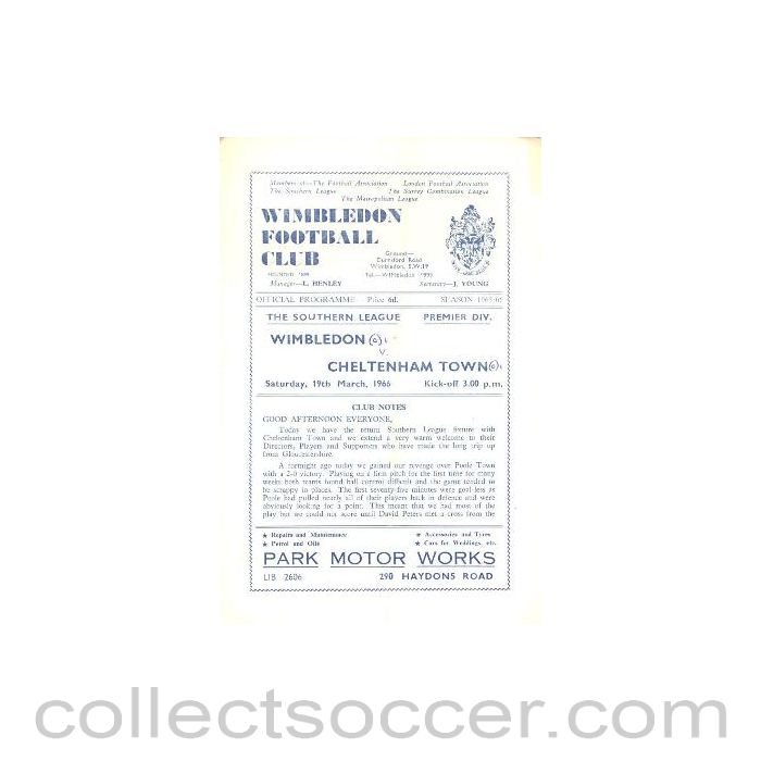 1966 - Wimbledon v Cheltenham Town official programme 19/03/1966