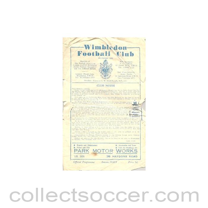 1958 - Wimbledon v Corinthian-Casuals official programme 13/12/1958